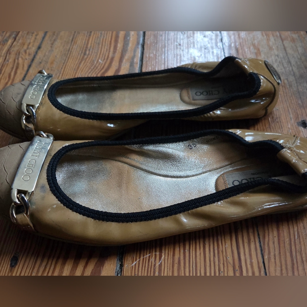 Jimmy Choo Ballet Flats Patent Leather Embossed Tan Gold Hardware Loafers 38 (8) - Picture 4 of 11